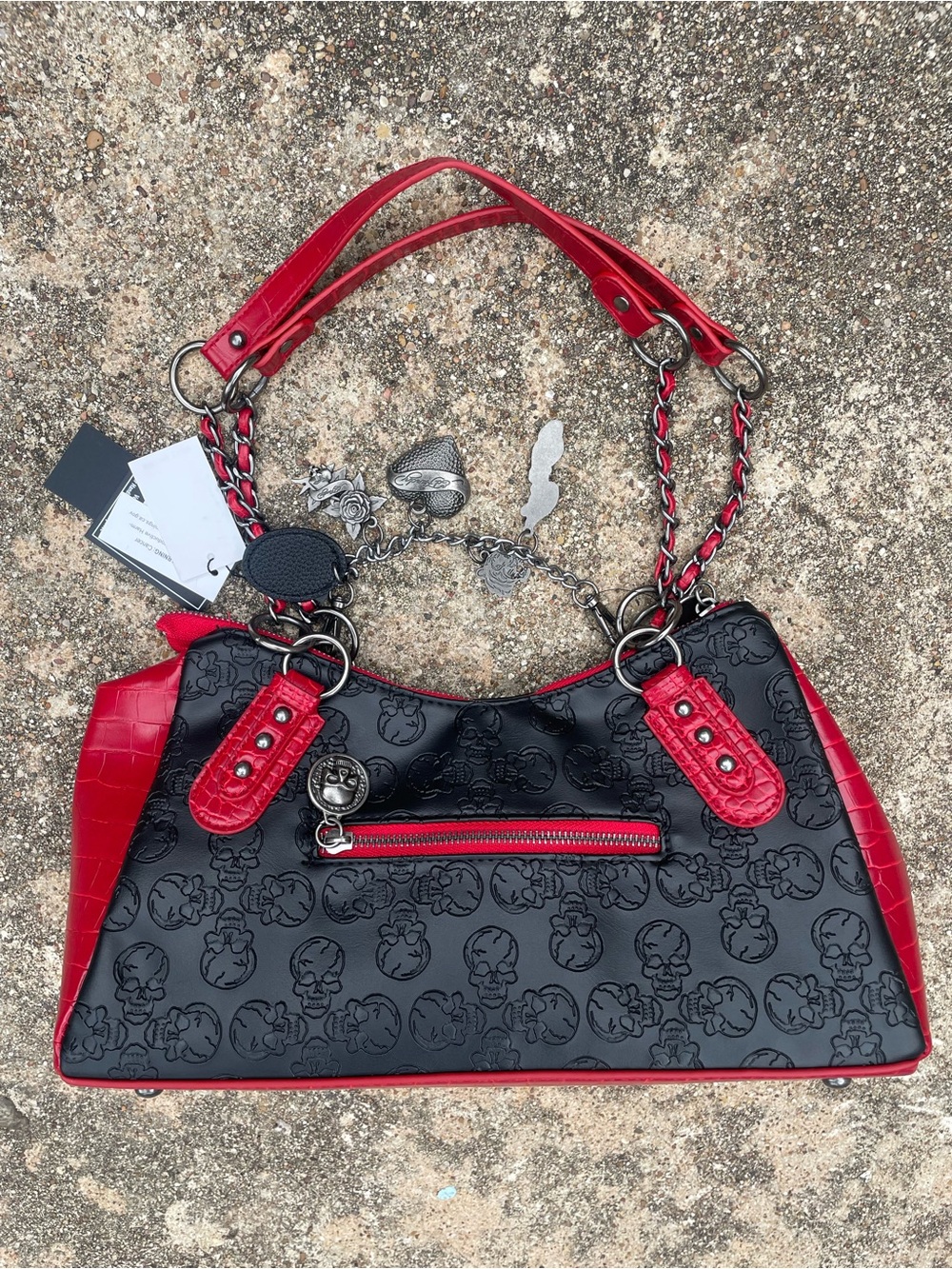 Ed Hardy Black & Red Tote Chain Charms Studded Croc Look Embossed Skulls Y2K NWT - Picture 2 of 9